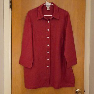 Edeis 100% Linen Button Up Tunic Top Womens 16 Red 3/4 Sleeve Lagenlook Coastal